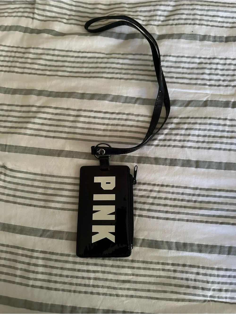 PINK Victoria's Secret Black Glossy Card Holder Lanyard